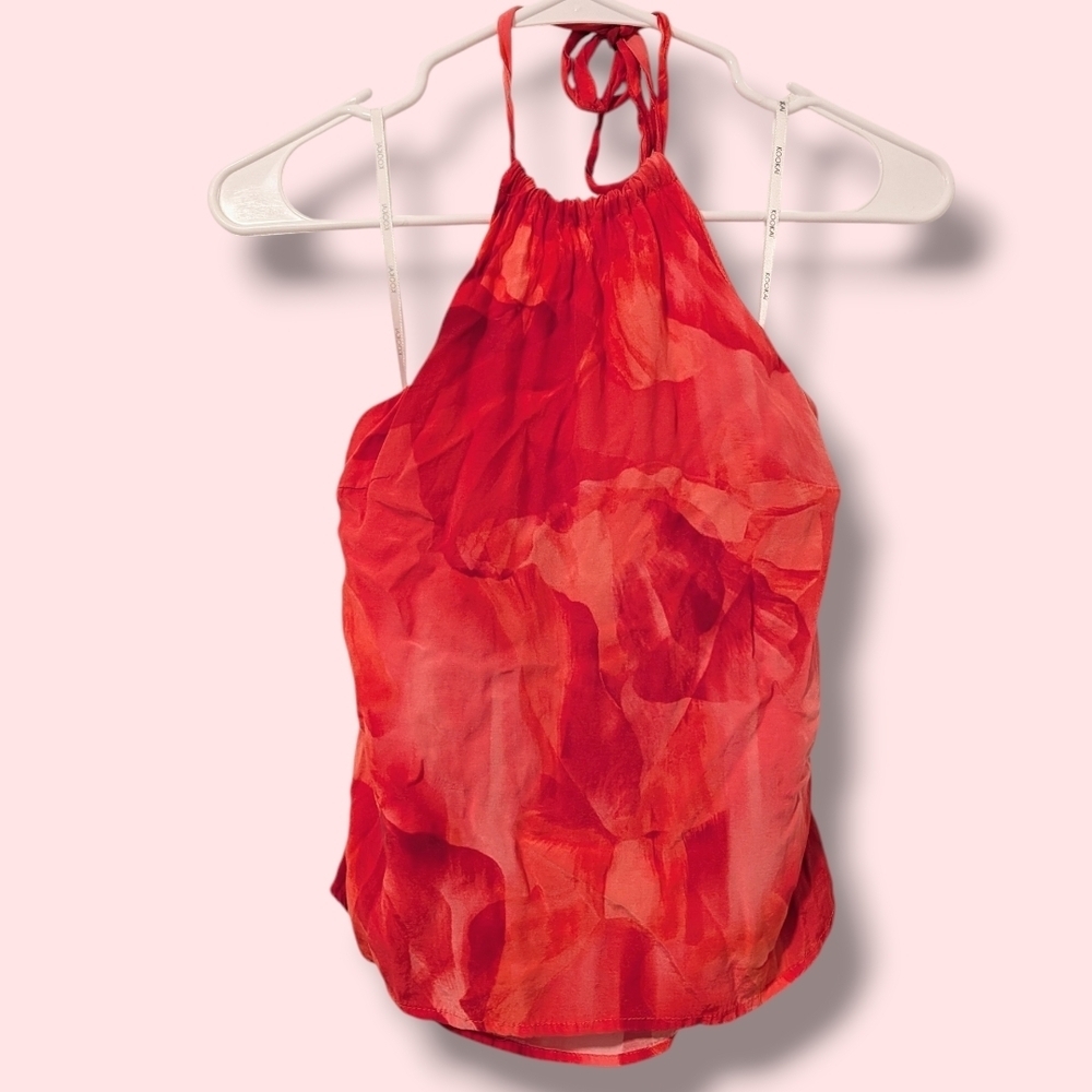 Kookai Coral Red Floral Viscose Open Back Halter Top Resortwear Beach